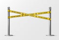 Do not crossed sign. Metal racks with yellow intersecting demarcating police lines danger tapes