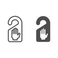 Do not disturb line and glyph icon. Warning talker board for door with hand symbol, outline style pictogram on white