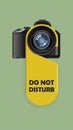 Do not disturb poster. Camera prohibited. Photography banned. Paparazzi forbidden. Notice tag template vector illustration.