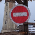 Landscape with lighthouse and sign Royalty Free Stock Photo