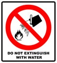 Do not extinguish with water, prohibition sign, illustration.