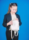 Do not forget your backpack. Learn how fit backpack correctly. Girl little fashionable cutie carry backpack. Kids