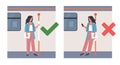 Do not lean on handrail, but hold on to handrail while driving. Metro, train or bus grip for characters. Rules in public