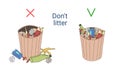 Do not litter. Throw trash in the rubbish bin. Rubbish bin with garbage inside, rubbish bin with garbage all around Royalty Free Stock Photo