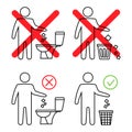 Do not litter in the toilet. Toilet no trash. Keeping the clean. Man littering in toilet. Forbidden icon. Throwing garbage in a Royalty Free Stock Photo