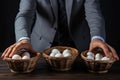 Do not put all eggs in one basket in business. Businessman allocate egg into many baskets. Royalty Free Stock Photo