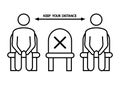 Do not sit here. Forbidden icon for seat. Social distancing, physical distancing sitting in a public chair, outline icon. Keep