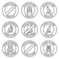 Do not sit, signs. Forbidden icons for seat. Safe social distancing when sitting in a public chair, outline icons. Lockdown rule.