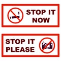 Do not smoke, do not take pictures - large, prohibiting, rectangular plates for cafes, shops and public places. Red stop sign in f
