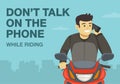 Do not talk on the phone while riding. Close-up front view of a moto rider calling phone on traffic flow.