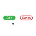 Do`s or Don`ts click glyph icon. Accept and decline buttons. Hand pressing button. Vector illustration.