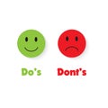 Do`s and Don`ts with green and red smile. Sign post indicating Do`s vs Don`ts.