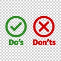 Do`s and don`ts sign icon in transparent style. Like, unlike vector illustration on isolated background. Yes, no business concep Royalty Free Stock Photo