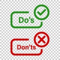 Do`s and don`ts sign icon in transparent style. Like, unlike vector illustration on isolated background. Yes, no business concep Royalty Free Stock Photo