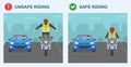 Do`s and dont`s. Safe and unsafe motorcycle riding on road. Safety driving rules and tips. Biker standing on a motorcycle.