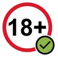 18+ doÃÂ´s restriction flat sign isolated on white background. Age limit symbol. No under eighteen years warning illustration