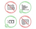 Calendar, Horizontal chart and Money transfer icons set. Change card sign. Vector