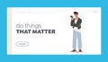 Do Things That Matter Landing Page Template. Teenager Student Male Character Looking on Screen of Smartphone