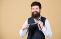 Do you like bearded men. Bearded man tying necktie. Cheerful man with unshaven bearded face and mustache hair dressing Royalty Free Stock Photo