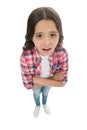 Do you need problems. Kid serious bully face white background. Kid unhappy looks strictly. Girl folded arms on chest Royalty Free Stock Photo