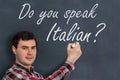 Do you speak Italian? Man with chalk writing on blackboard