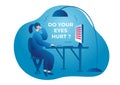 Do your eyes hurt. A woman sits at a table, rubs her eyes, works at a computer monitor. Her eyes hurt and watery. Vector