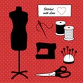 Sewing Fashion Mannequin, Stitched with Love, Do It Yourself Accessories, Red Polka Dot Background