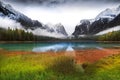 Lake Dobbiaco in the Dolomites, Beautiful Nature Italy natural landscape Alps. Royalty Free Stock Photo