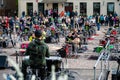 Summit of small drummers in the historic Dobele Market Square, Dozens of drummers play synchronously