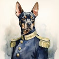 Doberman In Armor: A Dark Blue And Bronze Portrait Illustration