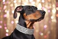 doberman in a bedazzled collar against a glitter background Royalty Free Stock Photo