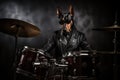 A Doberman dog in a leather jacket and black glasses sits at the reels on a black background