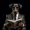 Doberman dog reading and holding newspaper Royalty Free Stock Photo