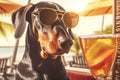 Doberman dog is relaxing on the beach with a cocktail. A seaside holiday concept with animals. Generative AI