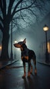 Doberman dog stands on the night foggy street dimly lit by vintage lampposts Royalty Free Stock Photo