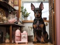 Doberman guard protecting dollhouse