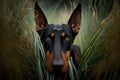 doberman lying in field of tall grass, with its ears pricked and eyes alert