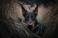 doberman lying in field of tall grass, with its ears pricked and eyes alert