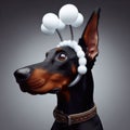 Doberman Pincher with furry rabbit Deeley Bopper ear muffs Royalty Free Stock Photo