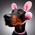 Doberman Pincher with furry rabbit Deeley Bopper ear muffs Royalty Free Stock Photo