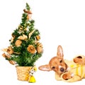 Doberman pincher puppy with a Christmas tree Royalty Free Stock Photo