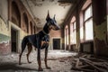 doberman pinscher exploring abandoned building, with its nose to the ground
