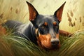 doberman pinscher lying in field of tall grass, with its head on paws