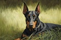 doberman pinscher lying in field of tall grass, with its head on paws