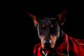 Doberman pinscher with a serious muzzle poses in front of the camera on a black studio background. Isolated portrait of