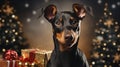 Doberman Pinscher small dog ÃÂ¡hristmas portrait with Christmas gifts. Doberman Pinscher. Christmas holidays with dogs banner