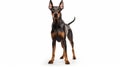 Doberman Pinscher standing in front of a white background. Generative AI.