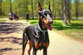 doberman pinscher walking on leash in the park