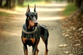 doberman pinscher walking on leash in the park