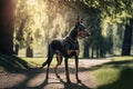 doberman pinscher walking through park on warm summer day